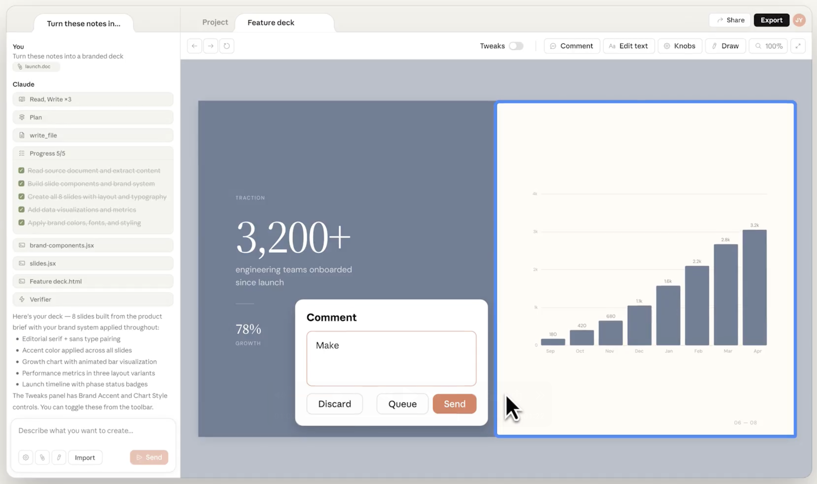 Claude Design slide deck output: a feature deck slide titled 'TRACTION' showing '3,200+ engineering teams onboarded since launch' and '78% GROWTH' alongside an animated bar chart climbing from 180 to 3.2k between September and April. A floating Comment popup lets you queue feedback on the slide.