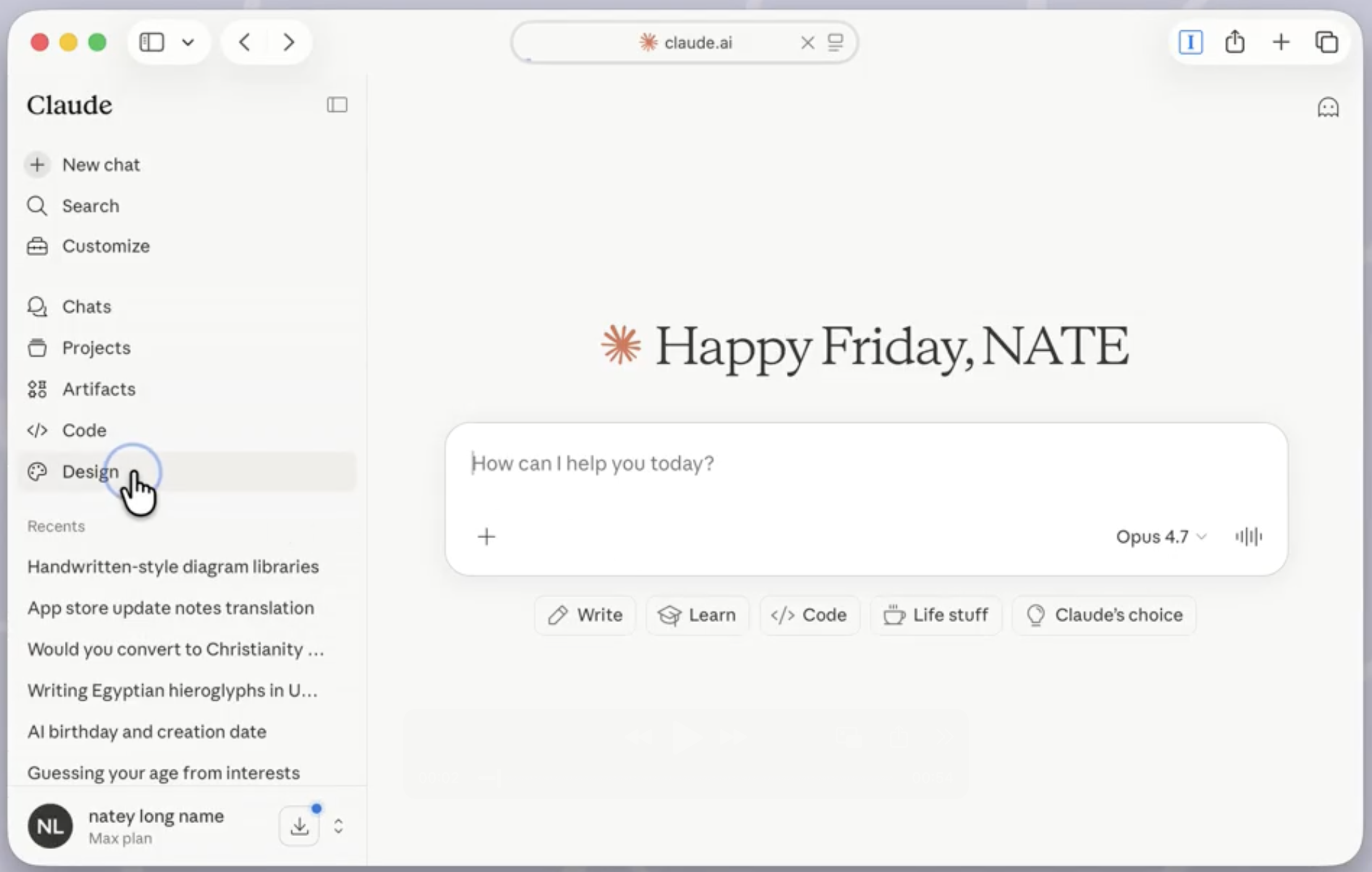 Claude.ai interface showing the new Design entry in the left sidebar, with Chats, Projects, Artifacts, Code, and Design listed.