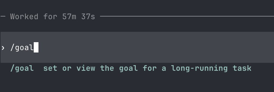 Codex CLI showing the /goal command after working for 57 minutes 37 seconds