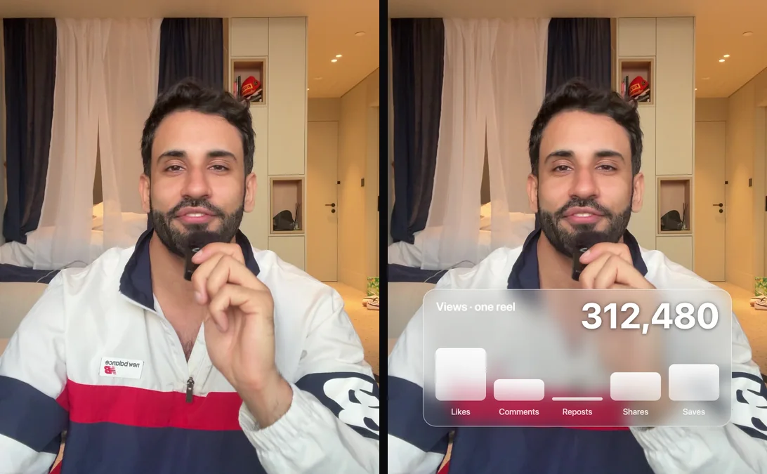 Raw frame next to the same frame with a frosted glass card under the chin showing 312,480 views and five bars