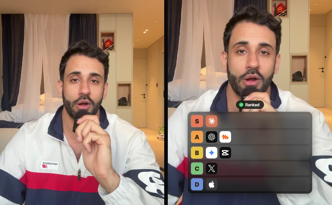 Raw frame next to a pushed-in frame with an S to D tier list of AI tool logos under the chin