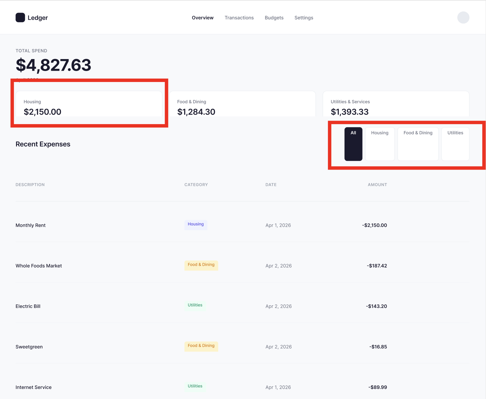 Figma MCP desktop output — red boxes highlight the oversized Housing card and chunky filter pills
