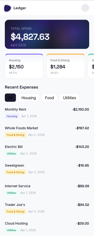 Paper MCP iOS dashboard — scrollable stat cards, stacked expense rows