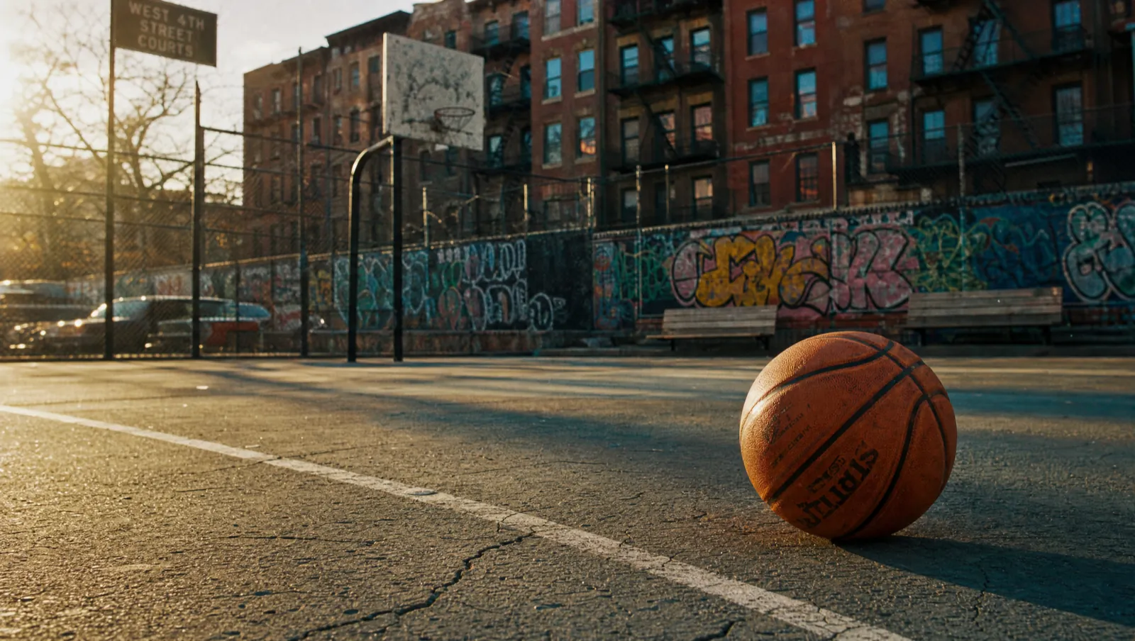 A photorealistic orange basketball on a graffiti-walled NYC public court at golden hour