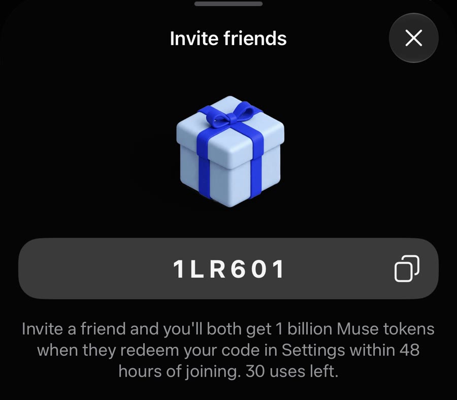 Muse invite screen showing code 1LR601