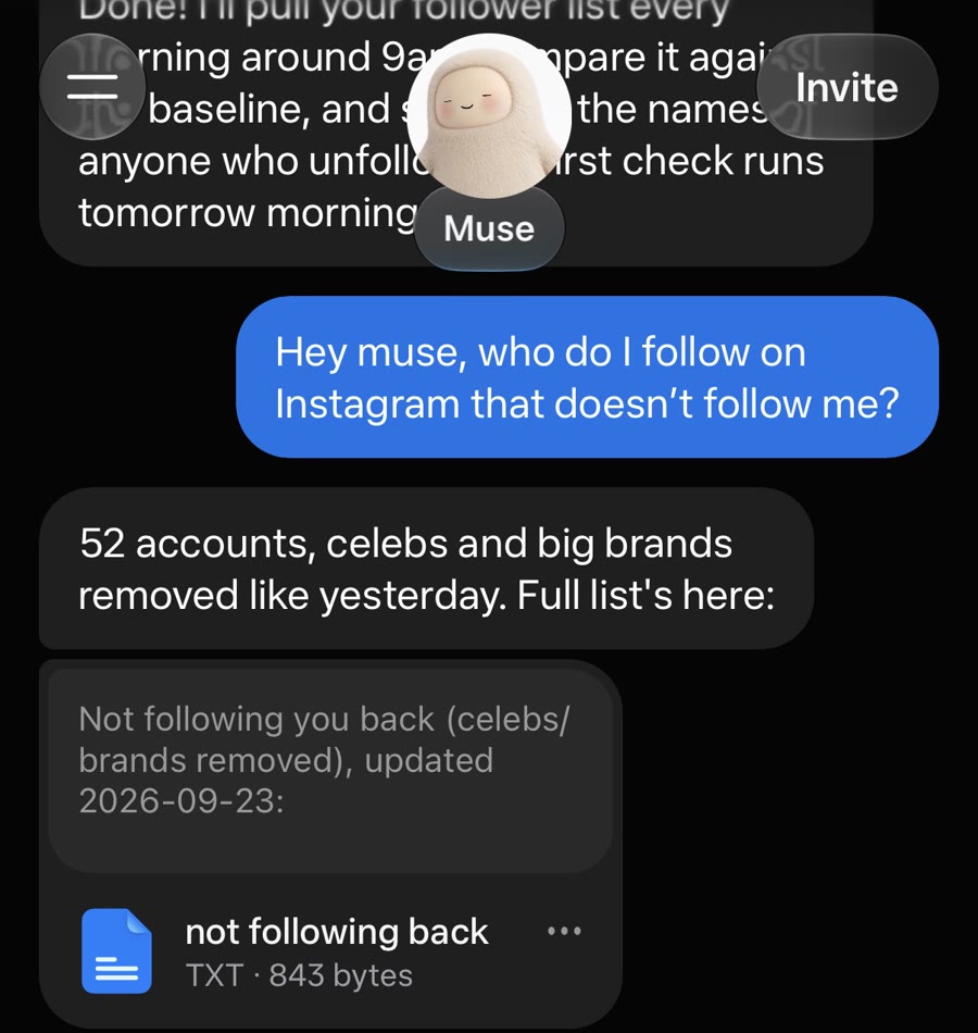 Muse replying with 52 accounts that don't follow back, attached as a text file
