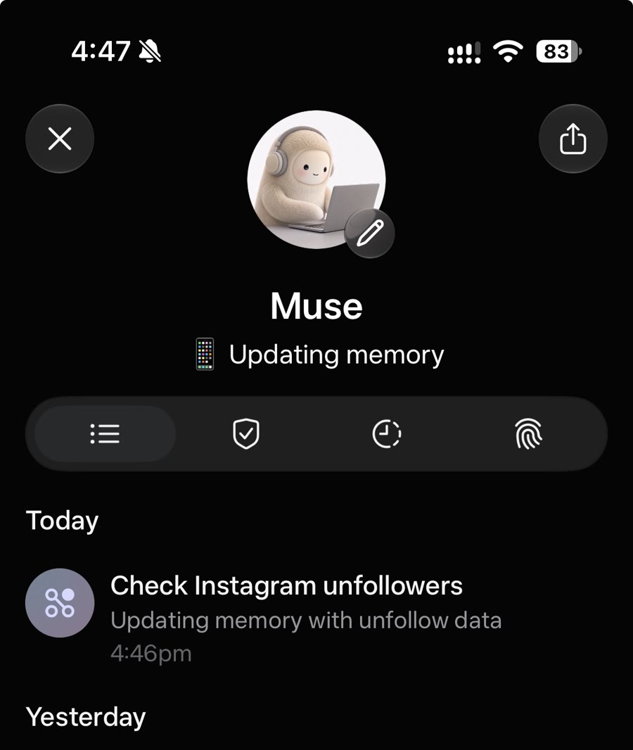 Muse profile screen showing a 'Check Instagram unfollowers' task updating memory with unfollow data